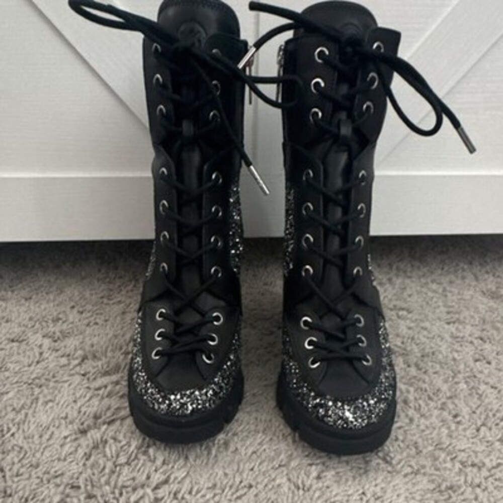 Michael Kors Black Glitter Ankle Combat Boot Women Lace-Up Zip Block Heel 6.5
